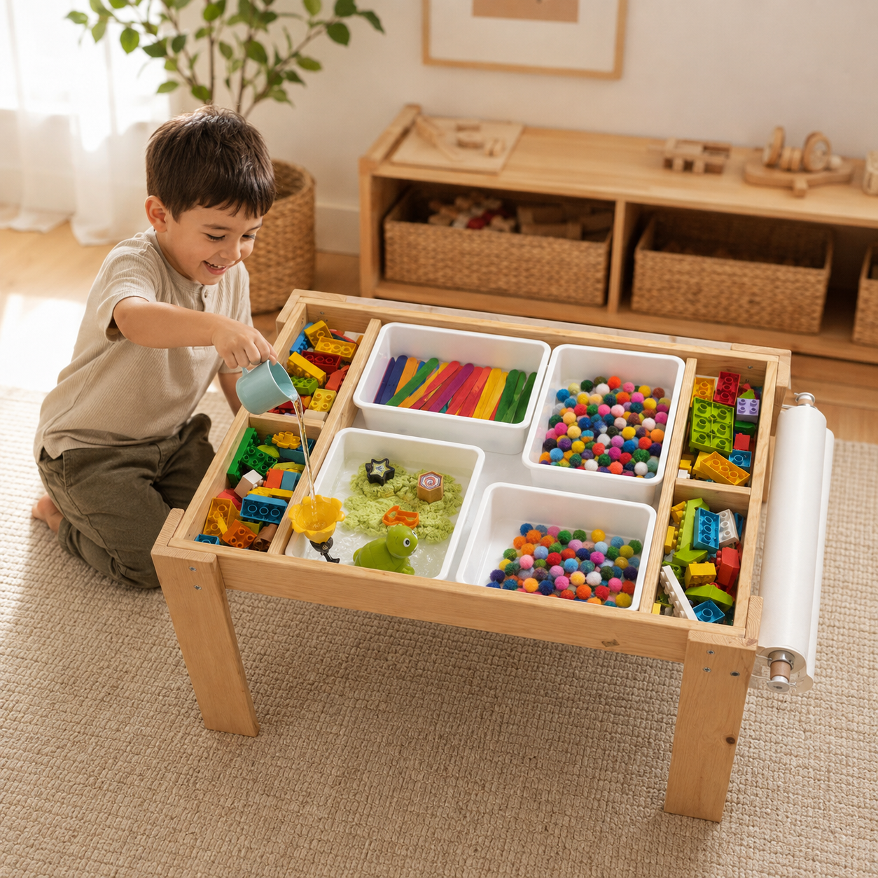 6'sı 1 Arada Montessori Aktivite Masası | Kum, Su, Yapı Blokları & Sanat