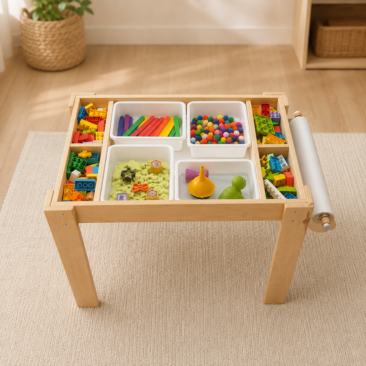 6'sı 1 Arada Montessori Aktivite Masası | Kum, Su, Yapı Blokları & Sanat