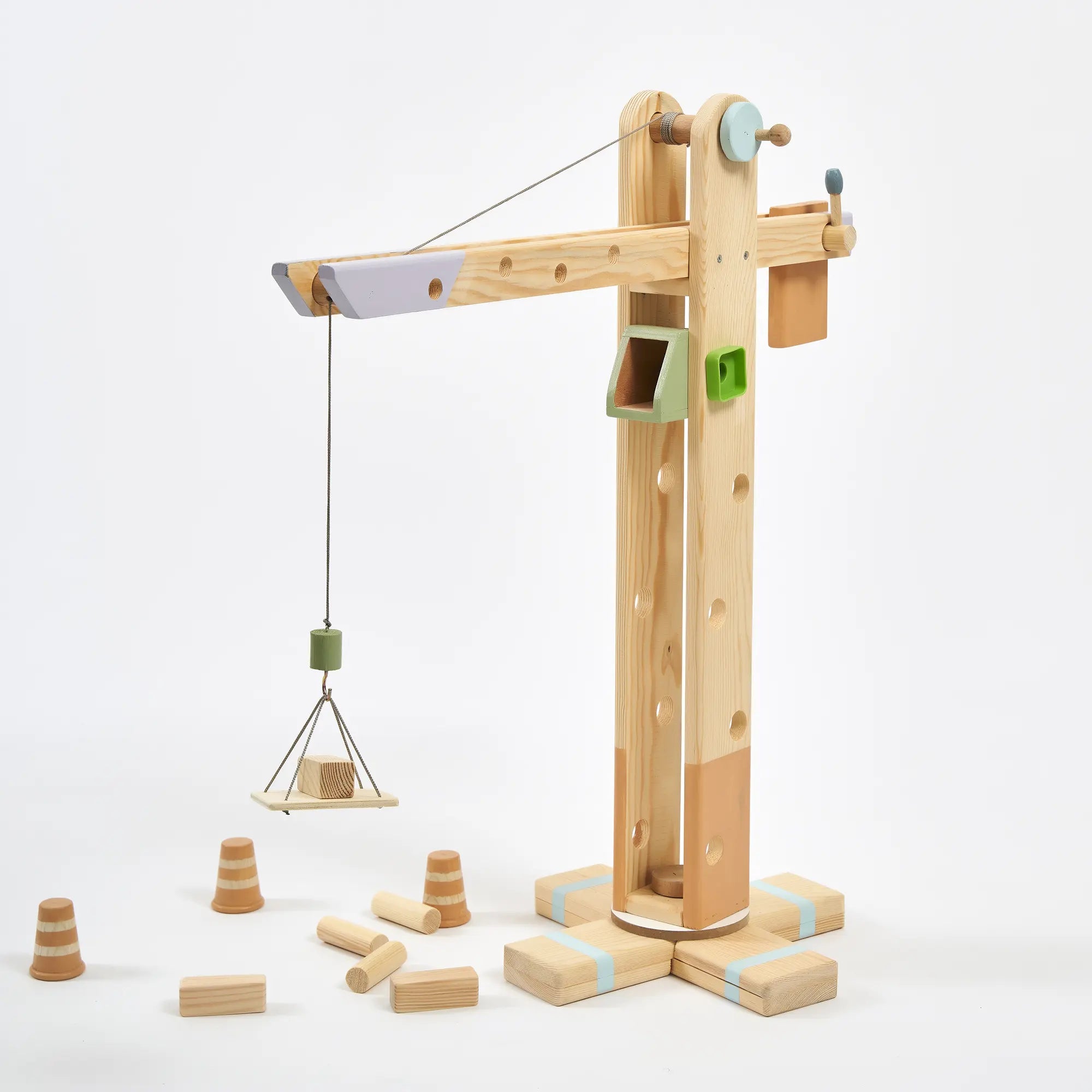 360° Dönebilen Ahşap Vinç Oyuncak (Pastel)