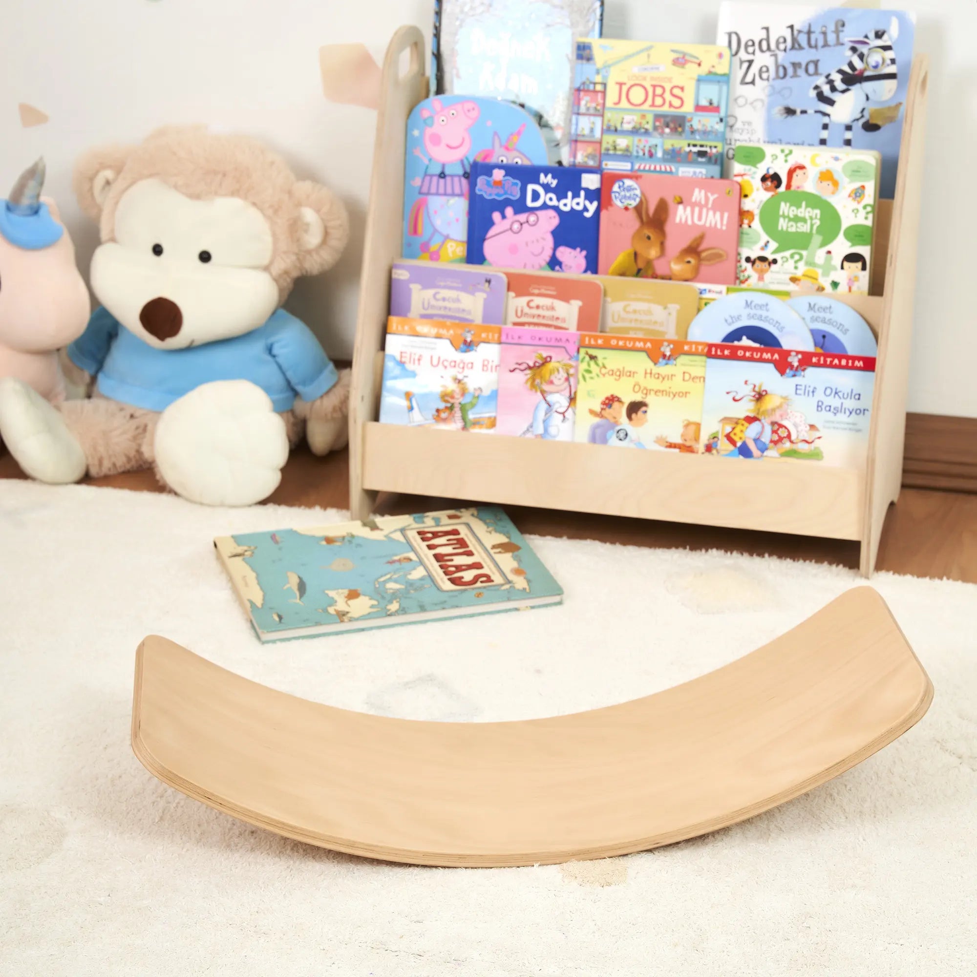 Geniş Hacimli Montessori Kitaplık (3 Raflı) – Doğal Kayın