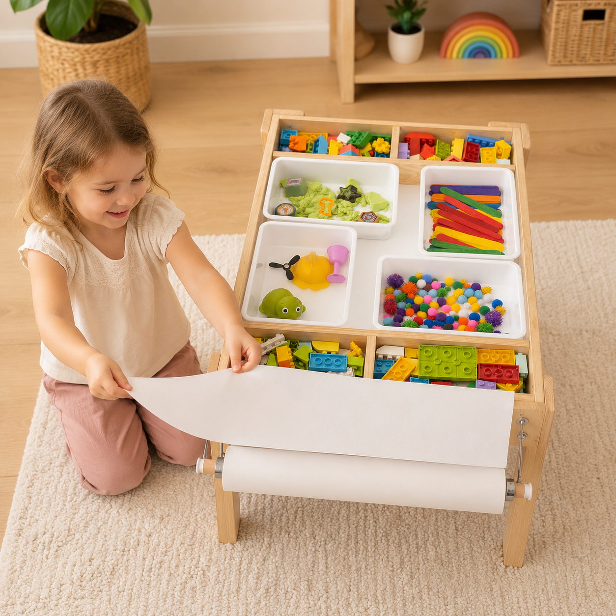 6'sı 1 Arada Montessori Aktivite Masası | Kum, Su, Yapı Blokları & Sanat