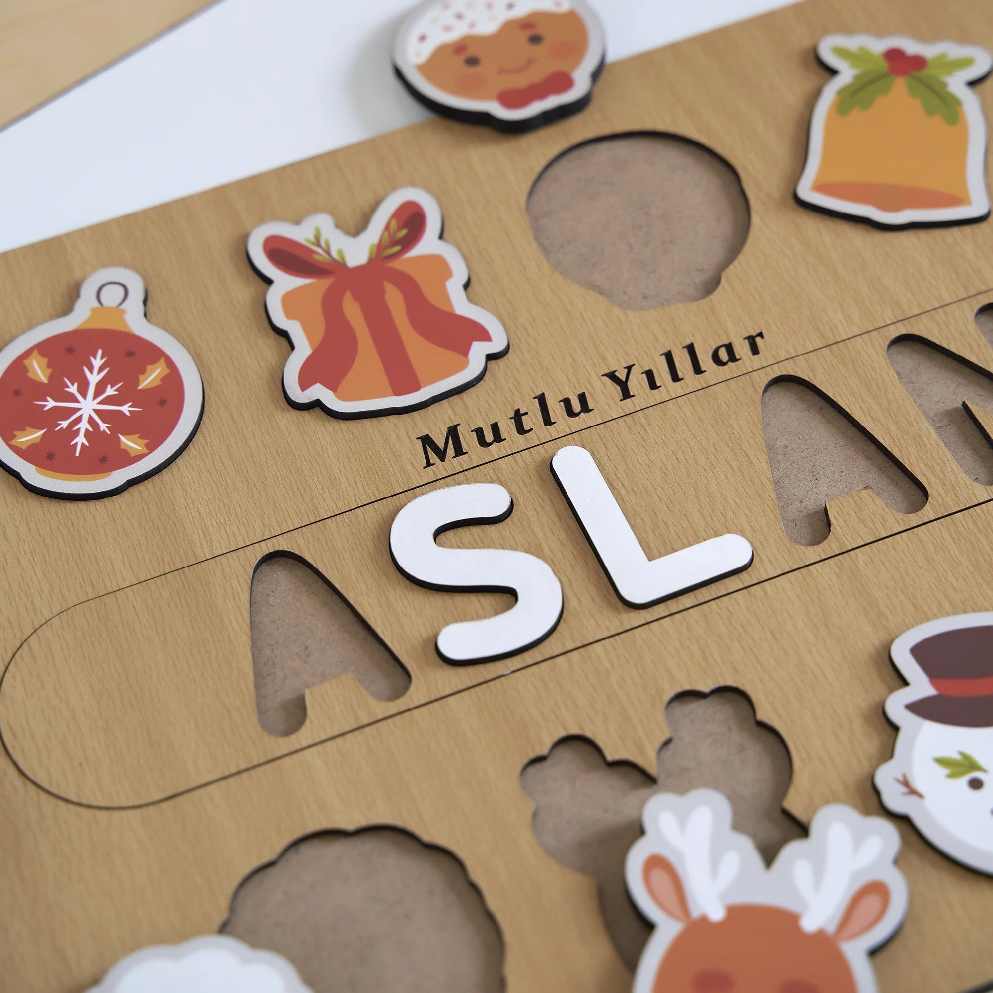 Turuncu Ağaç Süsleri Yeni Yıl Puzzle (Mdf)